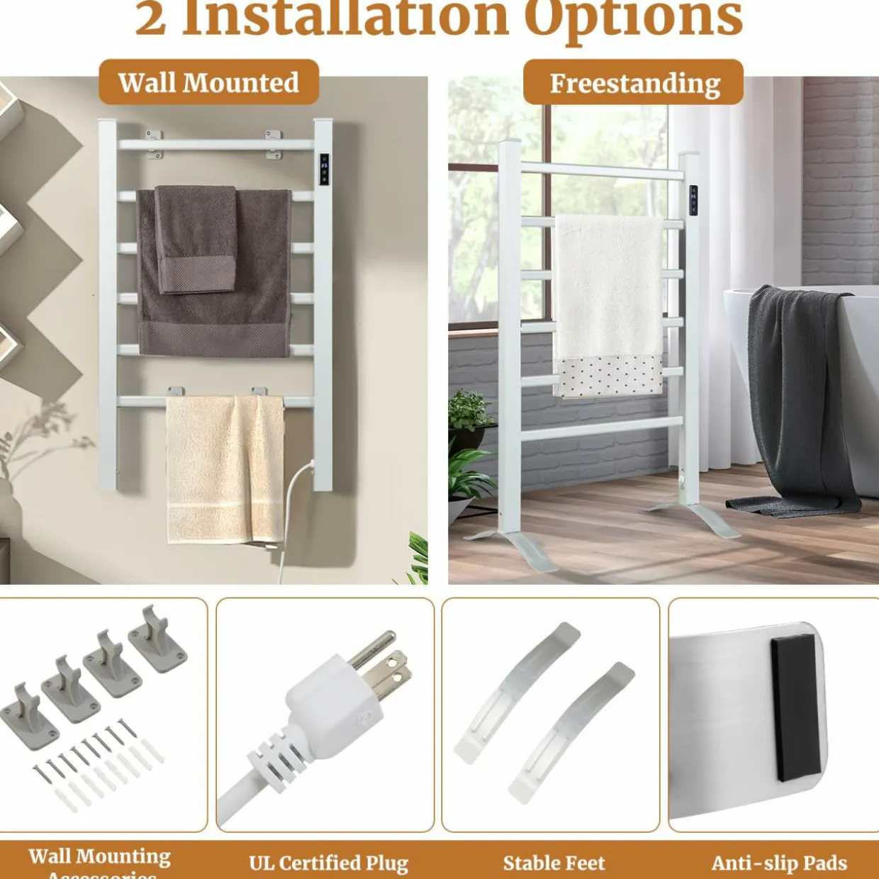 Tangkula Freestanding & Wall Mounted Towel Warmer, 6 Bars Heated Towel Rack w/ 8H Timer & LED Display