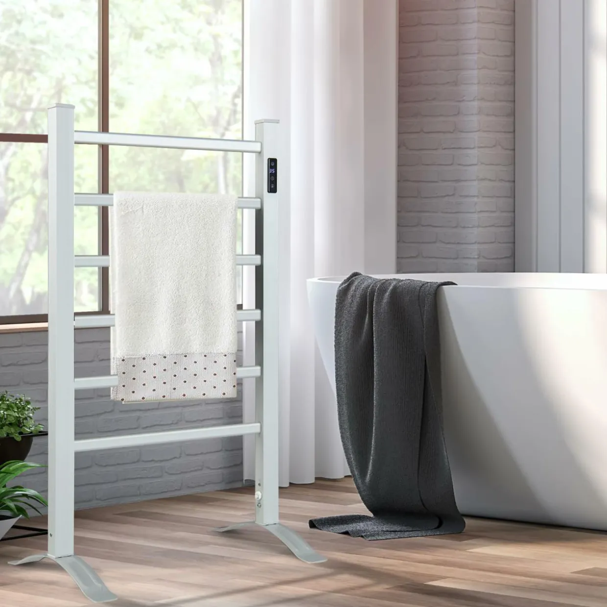 Tangkula Freestanding & Wall Mounted Towel Warmer, 6 Bars Heated Towel Rack w/ 8H Timer & LED Display