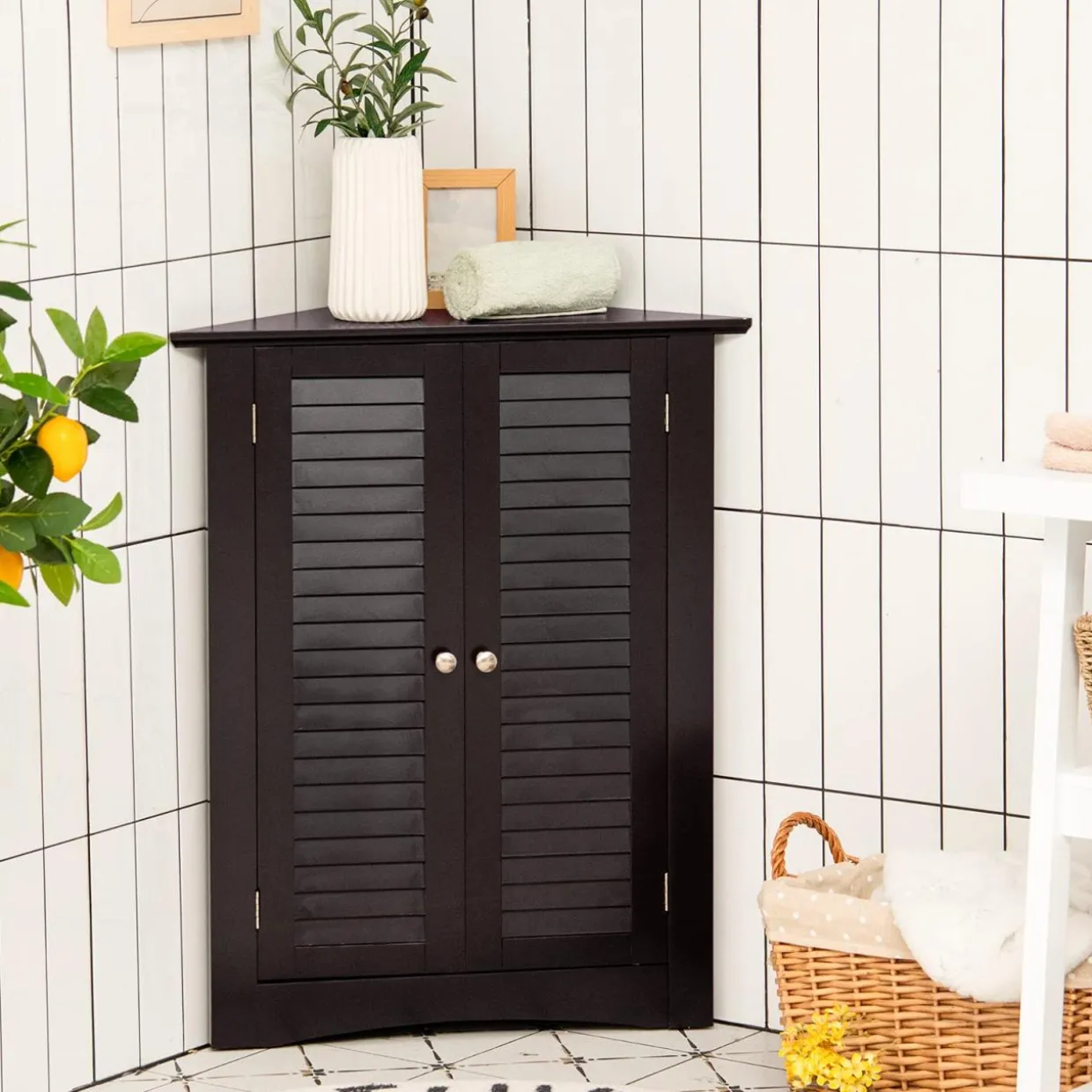 Tangkula Freestanding Floor Cabinet Organizer for Kitchen Living Room Bathroom