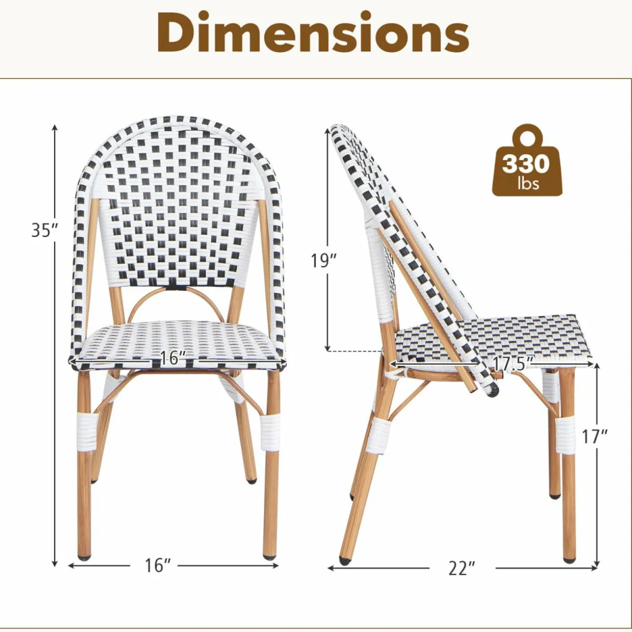 Tangkula French Bistro Chair Set, Outdoor Armless Dining Chairs with Hand-Woven Rattan