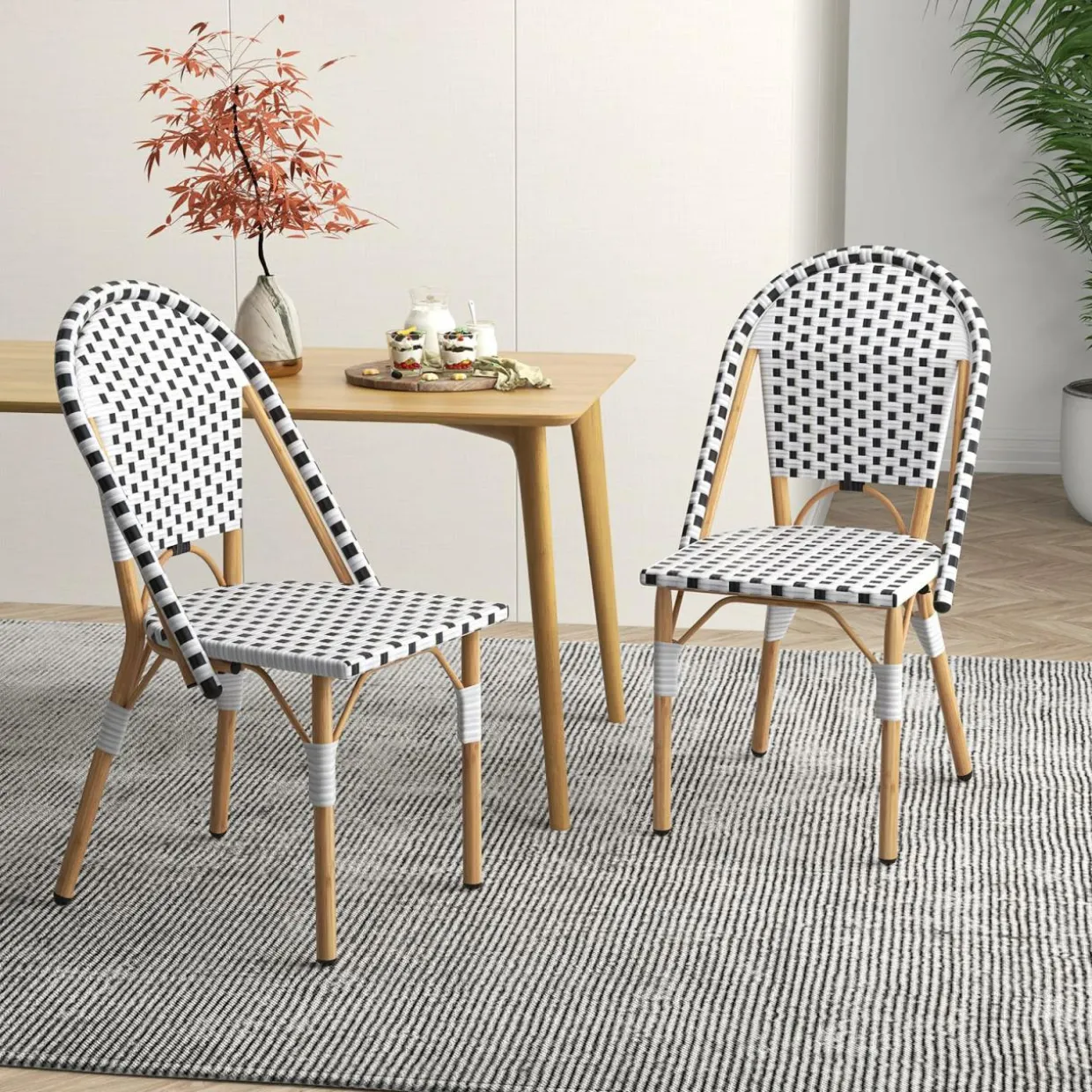 Tangkula French Bistro Chair Set, Outdoor Armless Dining Chairs with Hand-Woven Rattan