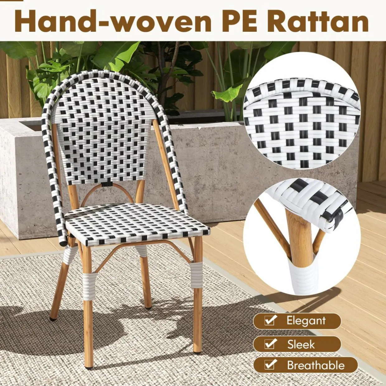 Tangkula French Bistro Chair Set, Outdoor Armless Dining Chairs with Hand-Woven Rattan