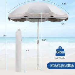 Tangkula 6.5FT Beach Umbrella with Fringe, UPF50+ Outdoor Boho Umbrella with Tassels, Push Button Tilt