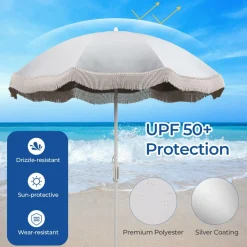 Tangkula 6.5FT Beach Umbrella with Fringe, UPF50+ Outdoor Boho Umbrella with Tassels, Push Button Tilt