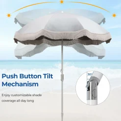 Tangkula 6.5FT Beach Umbrella with Fringe, UPF50+ Outdoor Boho Umbrella with Tassels, Push Button Tilt