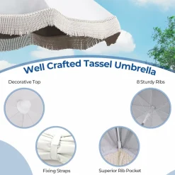 Tangkula 6.5FT Beach Umbrella with Fringe, UPF50+ Outdoor Boho Umbrella with Tassels, Push Button Tilt