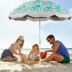 Tangkula 6.5FT Beach Umbrella with Fringe, UPF50+ Outdoor Boho Umbrella with Tassels, Push Button Tilt