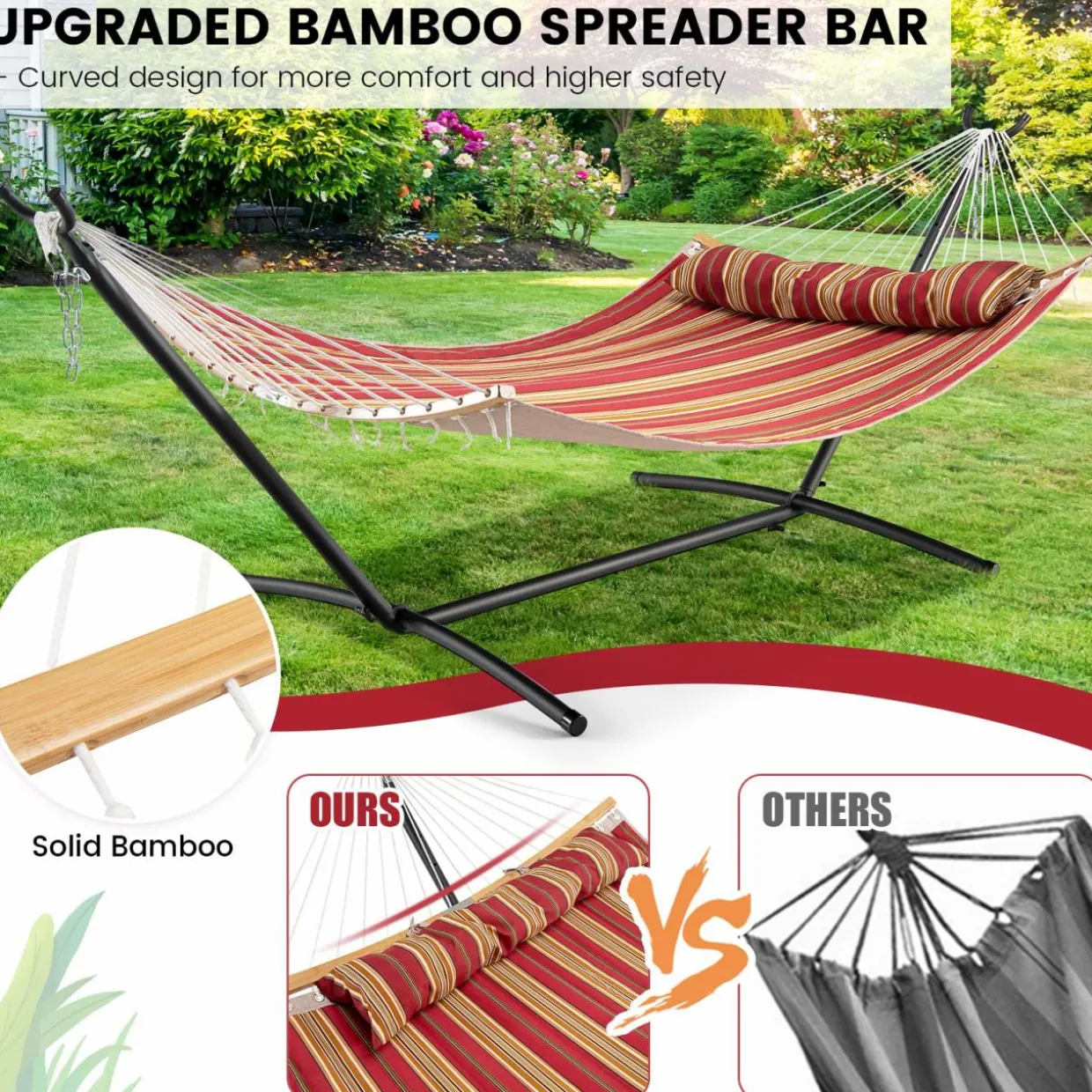 Tangkula 11FT Double Hammock, Heavy Duty Outdoor Hammock with Curved Spreader Bars
