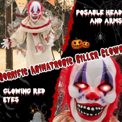 Tangkula 5FT Grins Animatronic Killer Clown, Indoor Outdoor Scary Clown Halloween Decoration with Pre-Recorded Creepy Sound