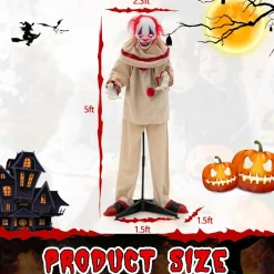 Tangkula 5FT Grins Animatronic Killer Clown, Indoor Outdoor Scary Clown Halloween Decoration with Pre-Recorded Creepy Sound