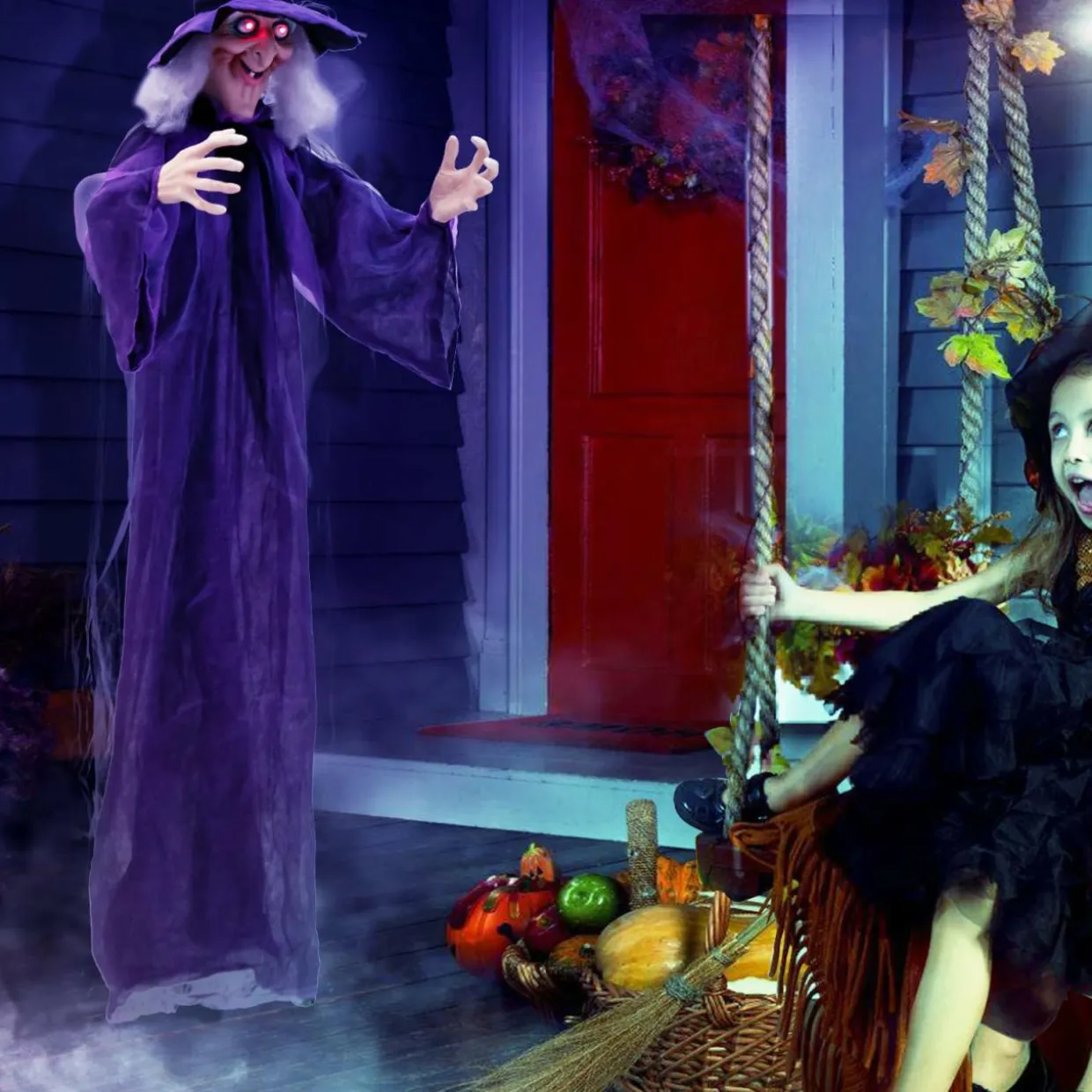 Tangkula 6FT Halloween Animatronic Witch, Hanging Halloween Decoration with Pre-Recorded Phrases
