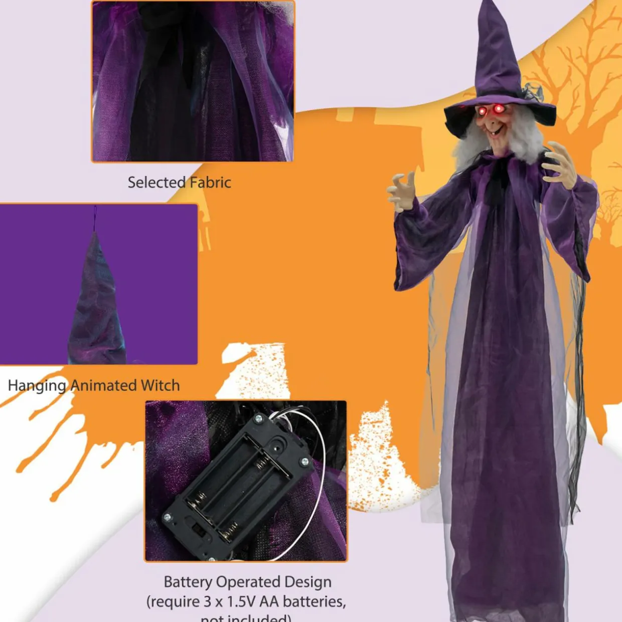 Tangkula 6FT Halloween Animatronic Witch, Hanging Halloween Decoration with Pre-Recorded Phrases