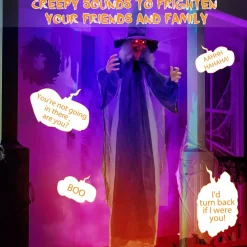 Tangkula 6FT Halloween Animatronic Witch, Hanging Halloween Decoration with Pre-Recorded Phrases