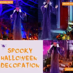 Tangkula 6FT Halloween Animatronic Witch, Hanging Halloween Decoration with Pre-Recorded Phrases