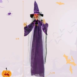 Tangkula 6FT Halloween Animatronic Witch, Hanging Halloween Decoration with Pre-Recorded Phrases