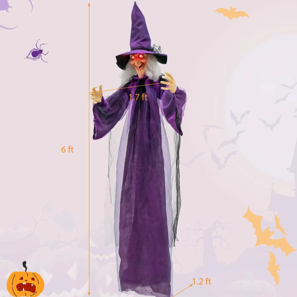 Tangkula 6FT Halloween Animatronic Witch, Hanging Halloween Decoration with Pre-Recorded Phrases