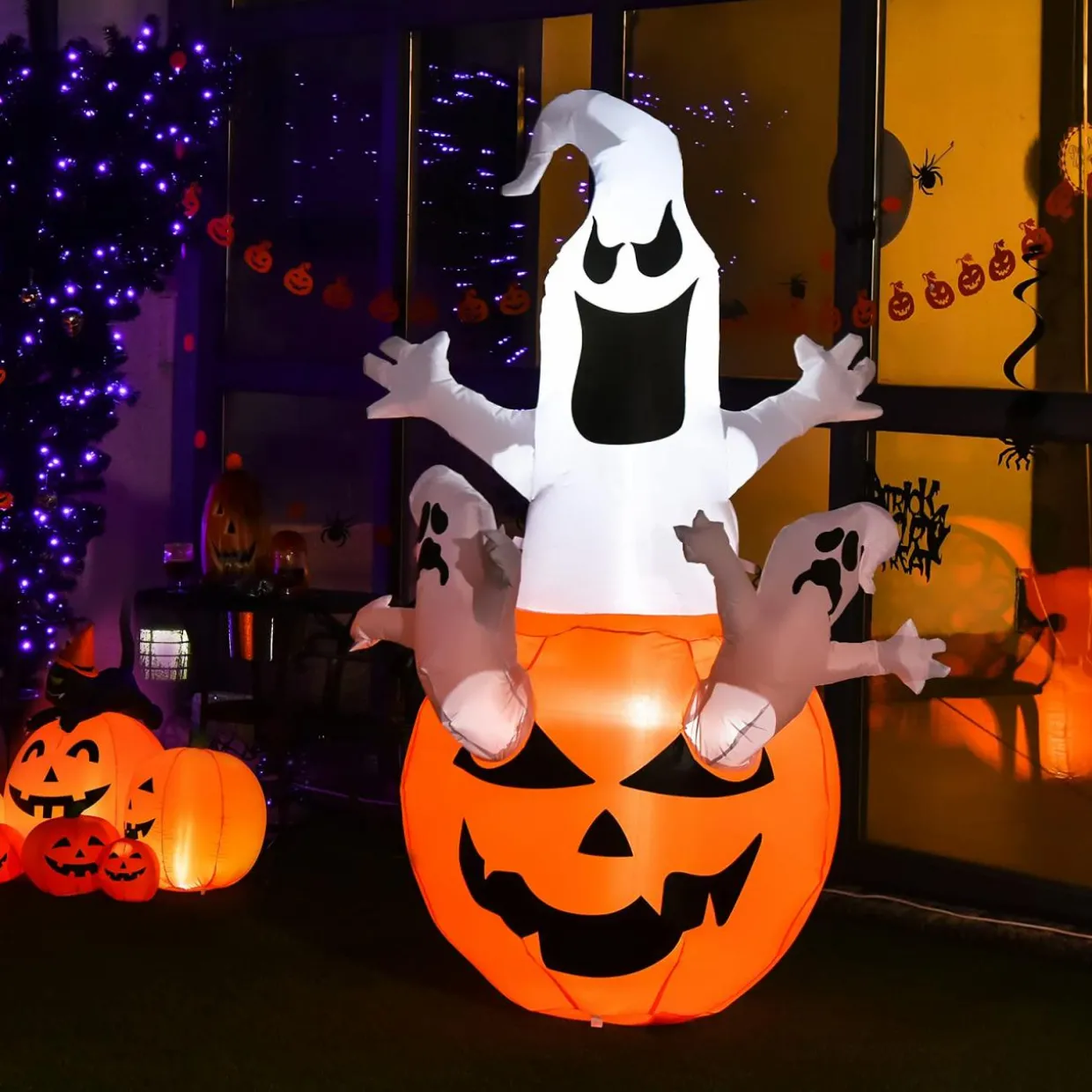 Tangkula 6ft Halloween Inflatables Ghost, Pumpkin-Halloween Blow Up Yard Decorations w/Build-in LED Light