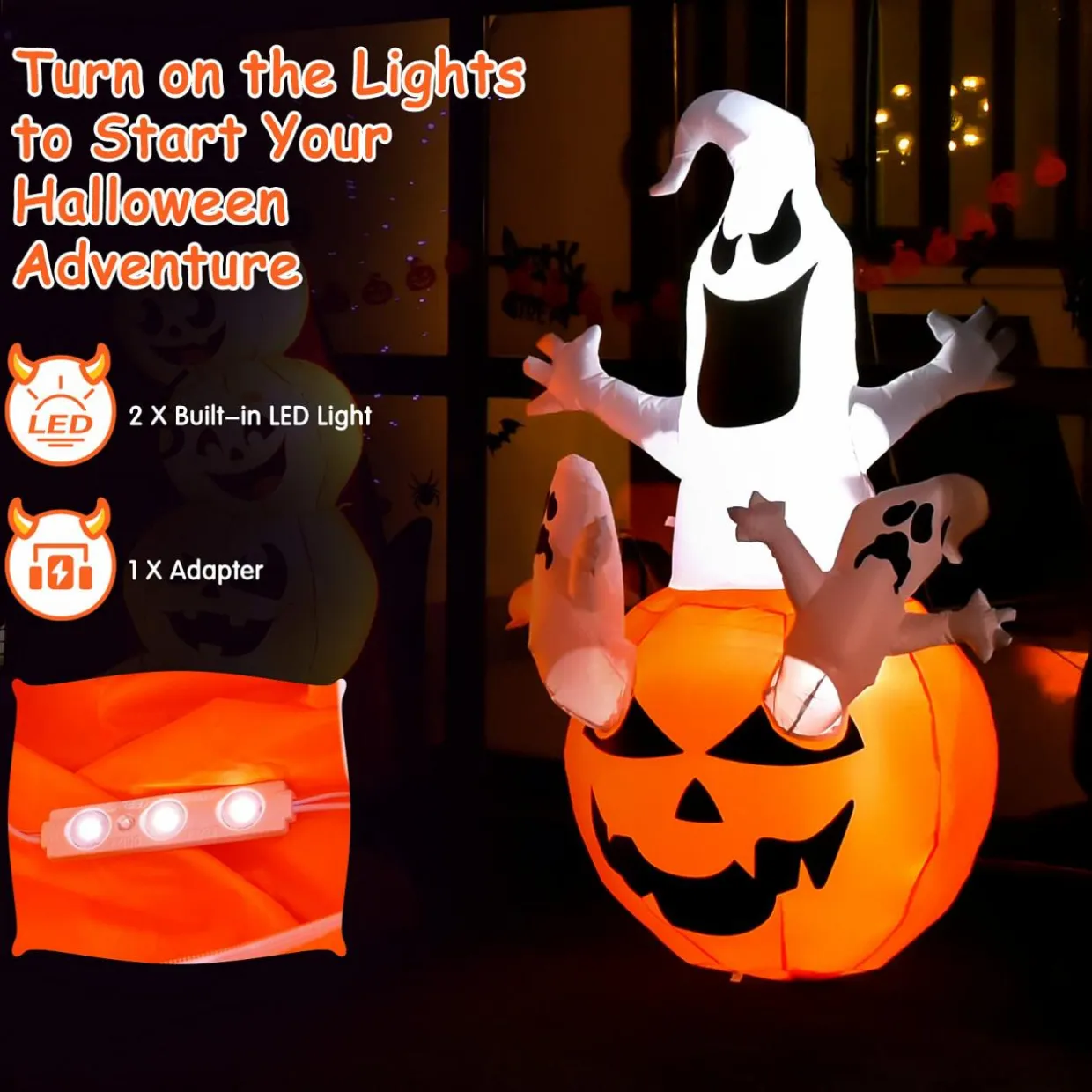 Tangkula 6ft Halloween Inflatables Ghost, Pumpkin-Halloween Blow Up Yard Decorations w/Build-in LED Light