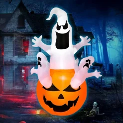 Tangkula 6ft Halloween Inflatables Ghost, Pumpkin-Halloween Blow Up Yard Decorations w/Build-in LED Light