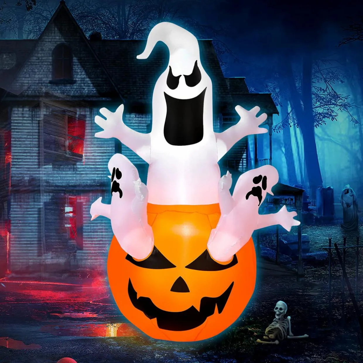 Tangkula 6ft Halloween Inflatables Ghost, Pumpkin-Halloween Blow Up Yard Decorations w/Build-in LED Light