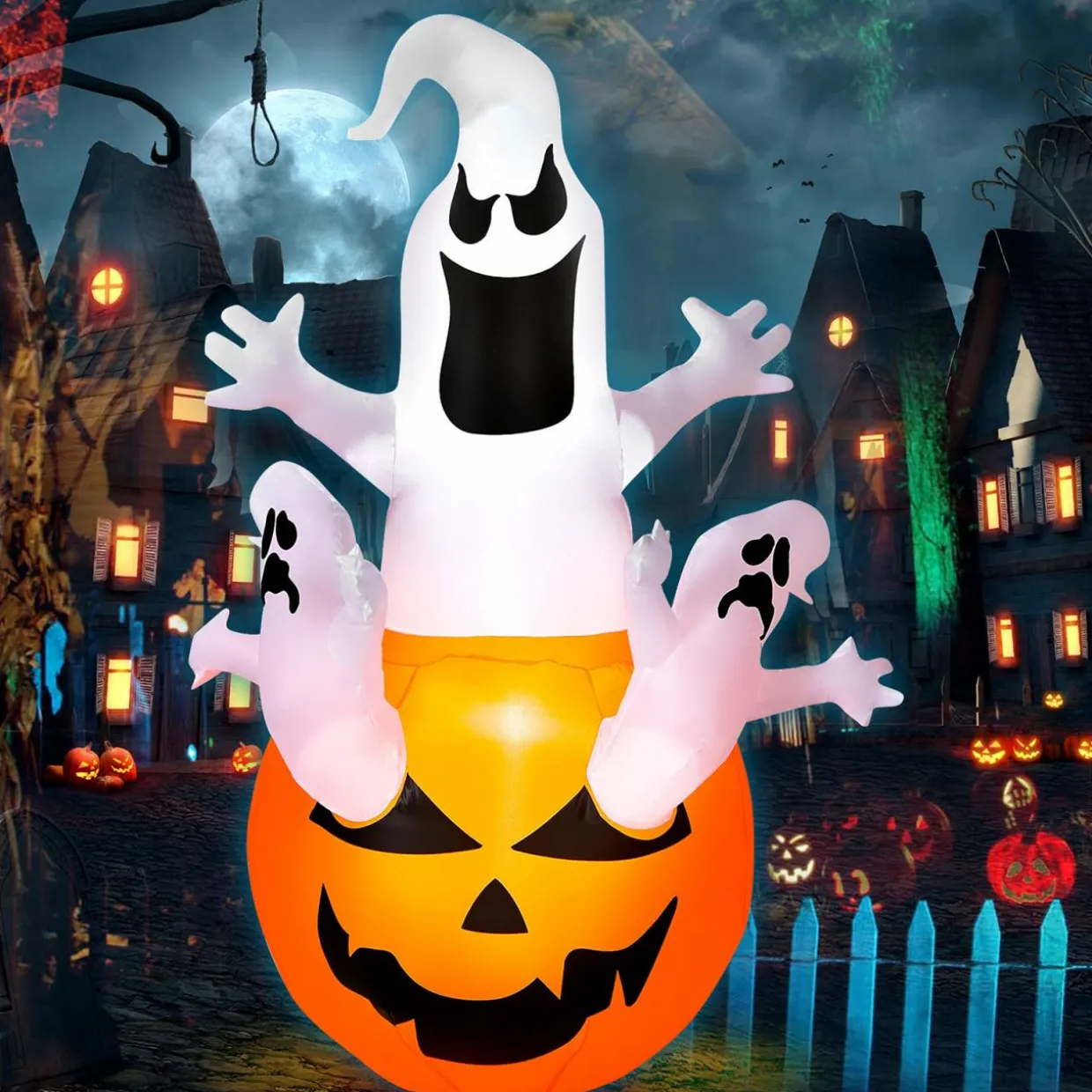 Tangkula 6ft Halloween Inflatables Ghost, Pumpkin-Halloween Blow Up Yard Decorations w/Build-in LED Light