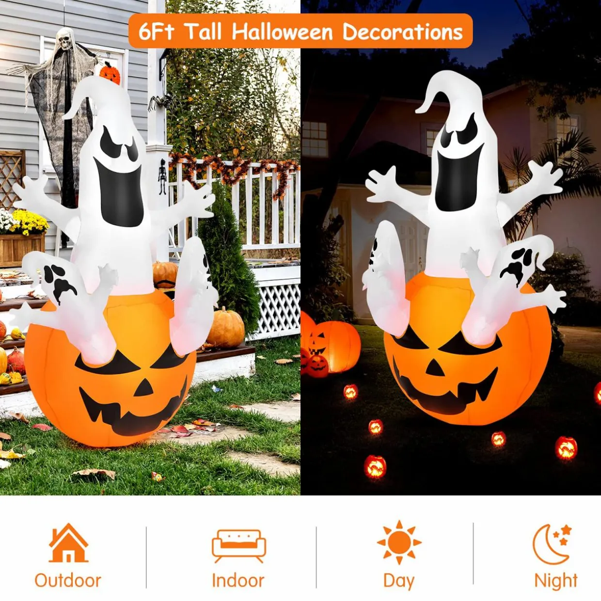 Tangkula 6ft Halloween Inflatables Ghost, Pumpkin-Halloween Blow Up Yard Decorations w/Build-in LED Light