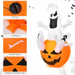Tangkula 6ft Halloween Inflatables Ghost, Pumpkin-Halloween Blow Up Yard Decorations w/Build-in LED Light