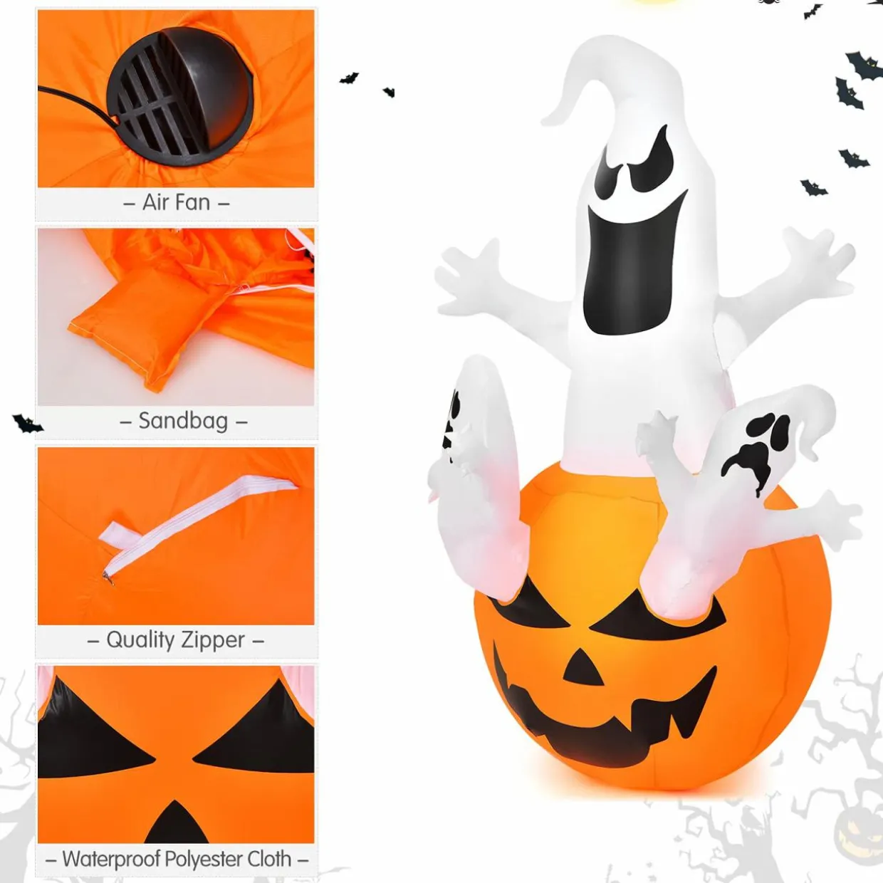 Tangkula 6ft Halloween Inflatables Ghost, Pumpkin-Halloween Blow Up Yard Decorations w/Build-in LED Light
