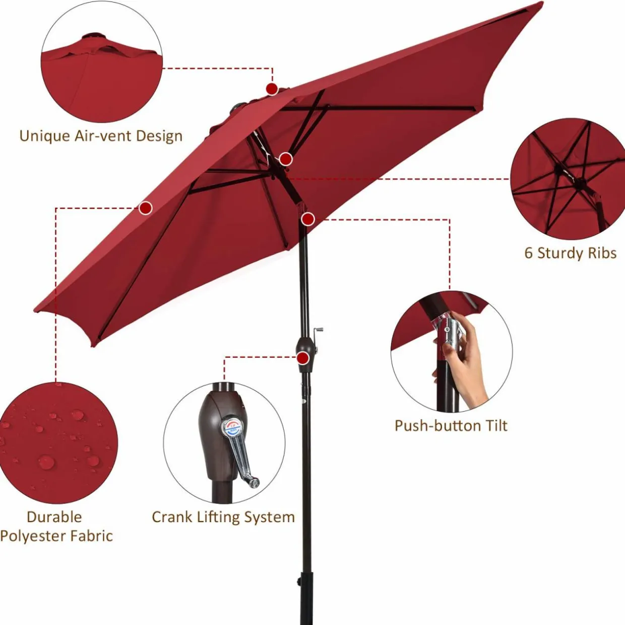 Tangkula 9FT Patio Umbrella, Outdoor Market Table Umbrella with Push Button Tilt Adjustment, Crank & 6 Sturdy Ribs for Garden