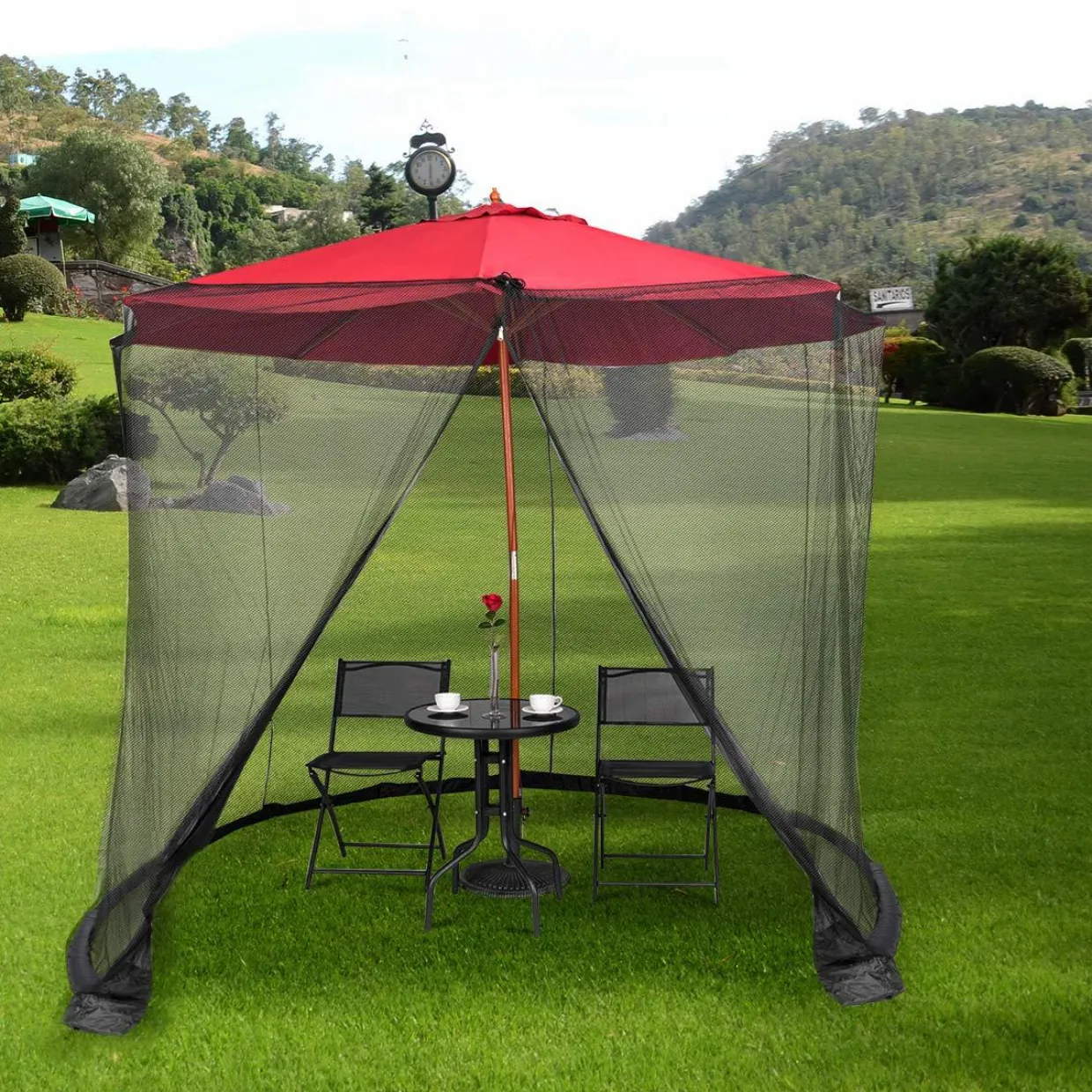 TANGKULA 9/10FT Patio Umbrella Screen, with Zipper Door and Polyester Mesh Netting