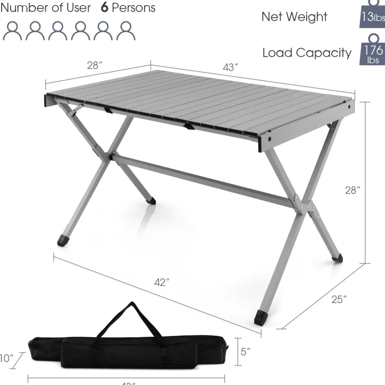 Tangkula 3.6ft Portable Picnic Table, 6 Person Heavy Duty Aluminum Roll Up Camping Table with Carry Bag