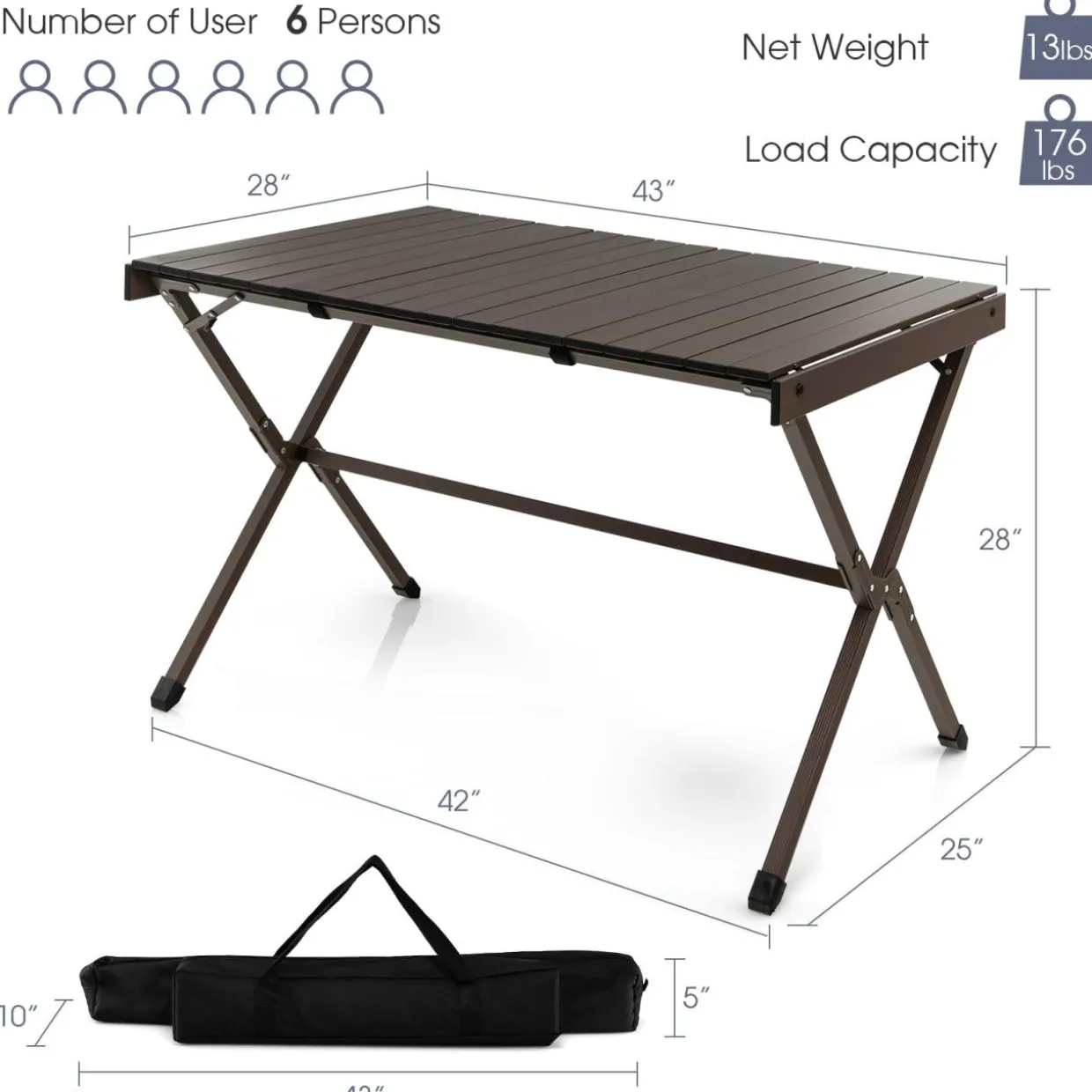 Tangkula 3.6ft Portable Picnic Table, 6 Person Heavy Duty Aluminum Roll Up Camping Table with Carry Bag