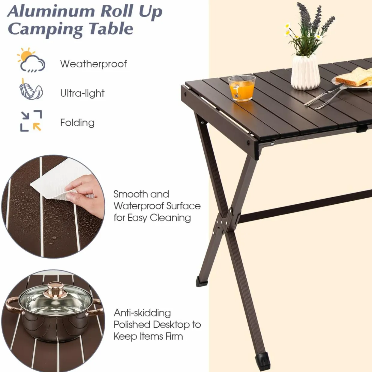 Tangkula 3.6ft Portable Picnic Table, 6 Person Heavy Duty Aluminum Roll Up Camping Table with Carry Bag