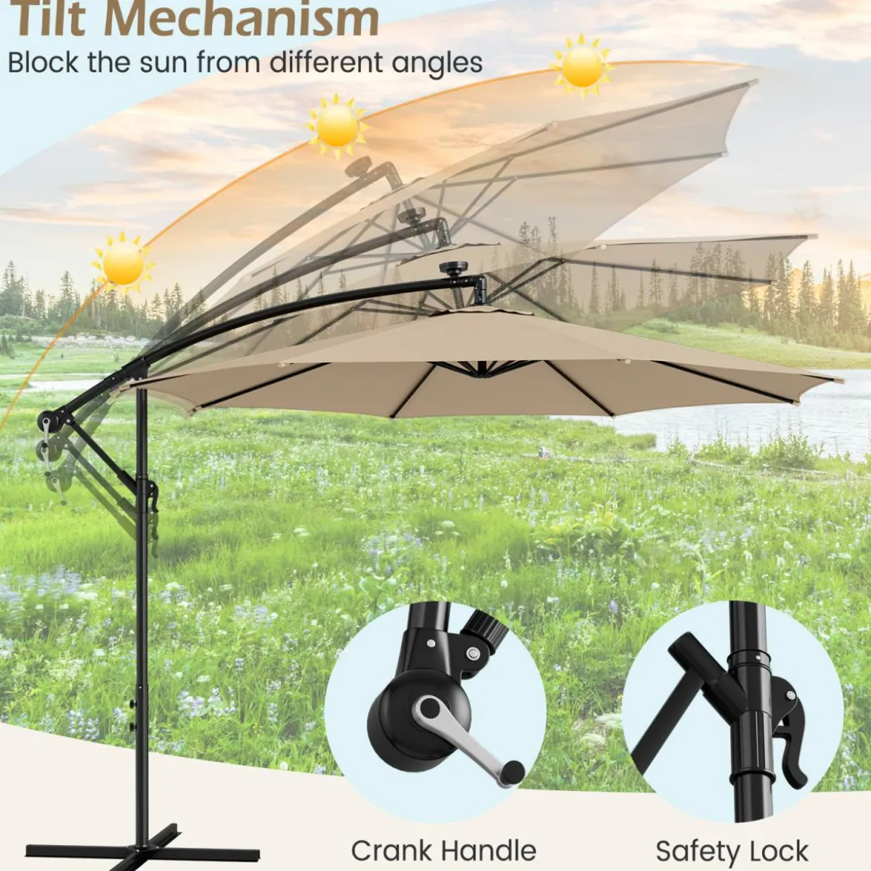 TANGKULA 10FT Solar Offset Umbrella, Tilted Cantilever Hanging Umbrella with 112 LED Lights