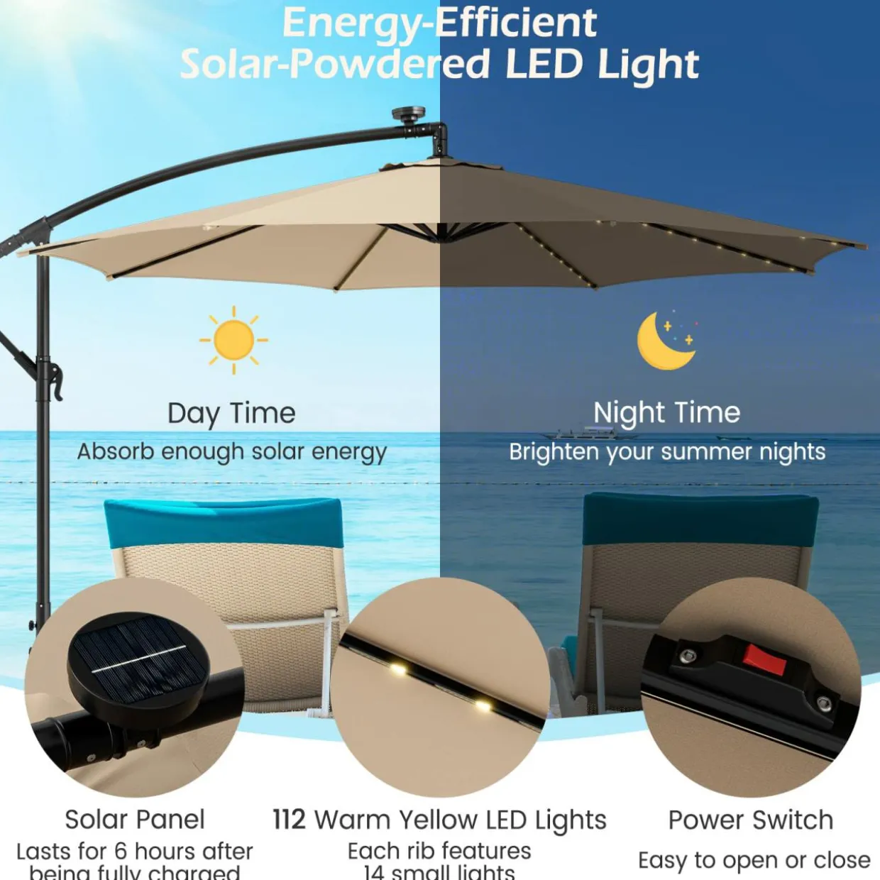 TANGKULA 10FT Solar Offset Umbrella, Tilted Cantilever Hanging Umbrella with 112 LED Lights