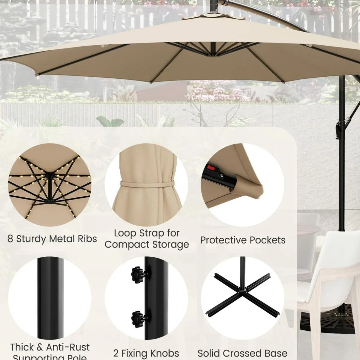 TANGKULA 10FT Solar Offset Umbrella, Tilted Cantilever Hanging Umbrella with 112 LED Lights