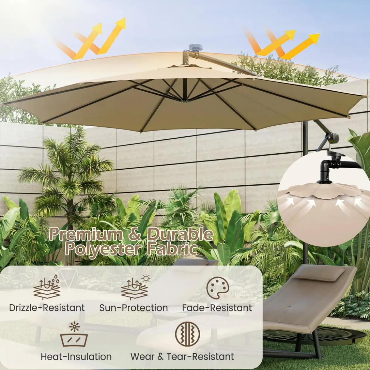 TANGKULA 10FT Solar Offset Umbrella, Tilted Cantilever Hanging Umbrella with 112 LED Lights