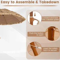 Tangkula 8Ft Tiki Patio Umbrella, Hawaiian Style Outdoor PE Grass Umbrella with Tilt Adjustment