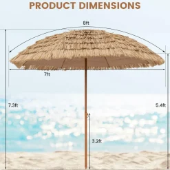 Tangkula 8Ft Tiki Patio Umbrella, Hawaiian Style Outdoor PE Grass Umbrella with Tilt Adjustment
