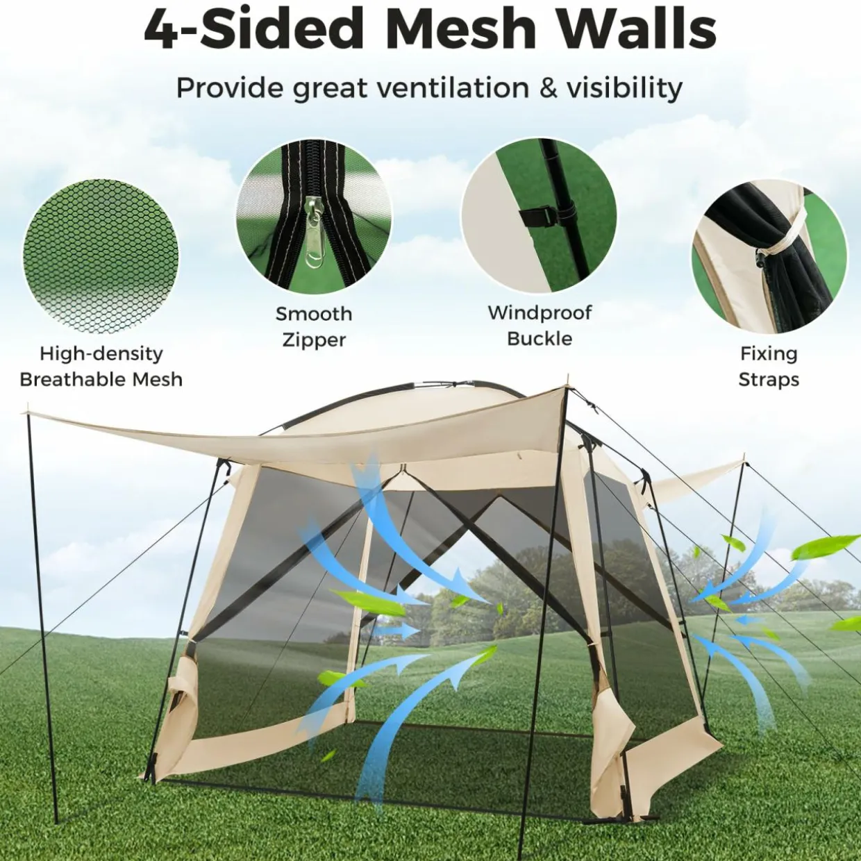 Tangkula 10ft x 10ft Screened Canopy Tent, Screen Shelter Gazebo w/Vestibule, Zippered Door, 6-8 Person Portable Camping Tent
