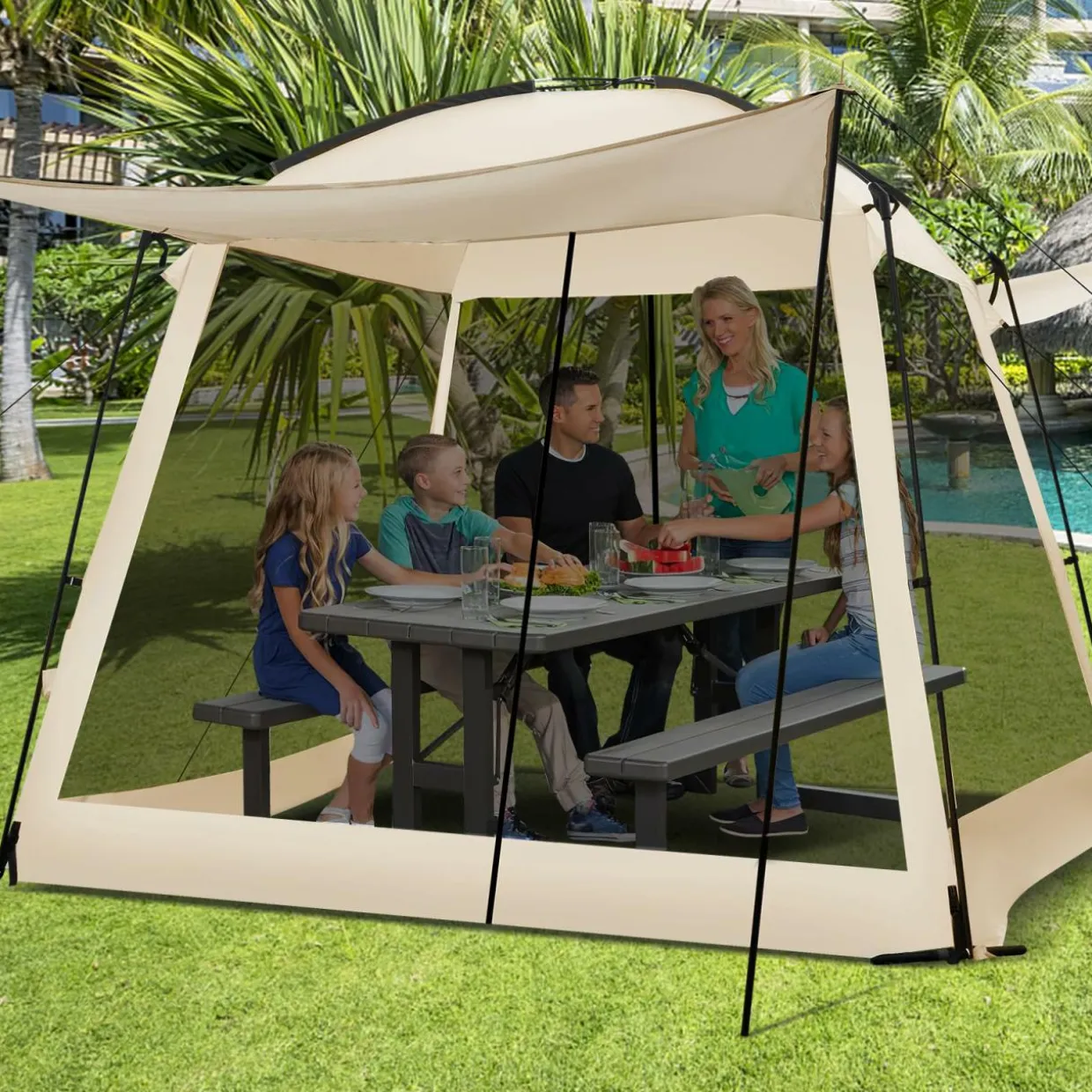 Tangkula 10ft x 10ft Screened Canopy Tent, Screen Shelter Gazebo w/Vestibule, Zippered Door, 6-8 Person Portable Camping Tent
