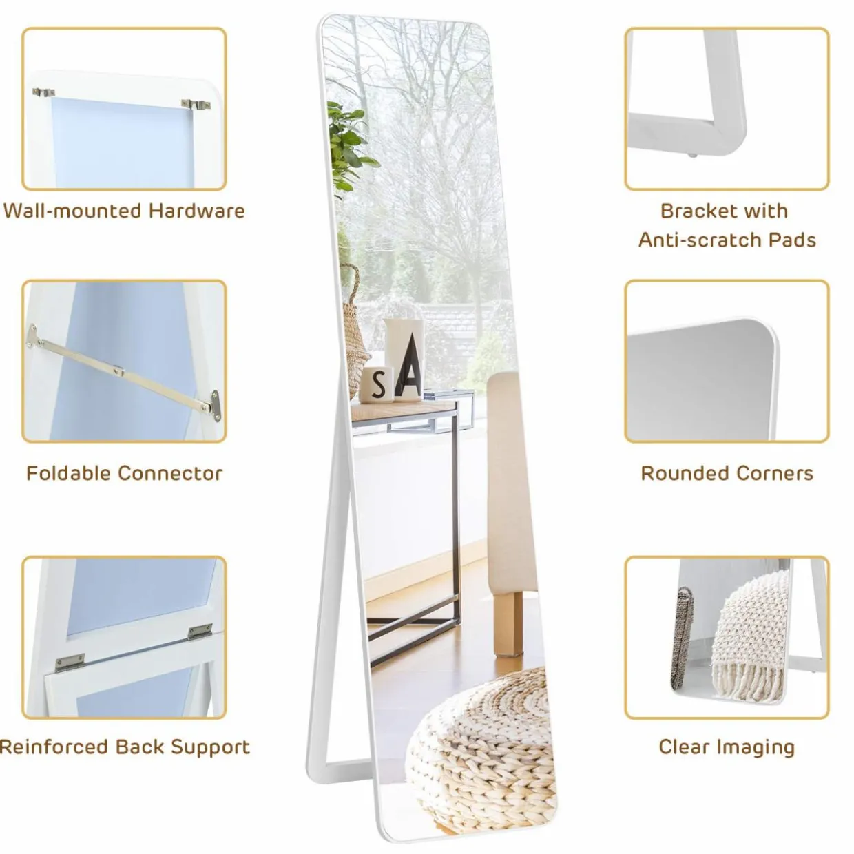 Tangkula Full Length Floor Mirror with Stand, Free Standing or Wall Mounted Mirror, Full Body Mirror with Solid Wood Frame
