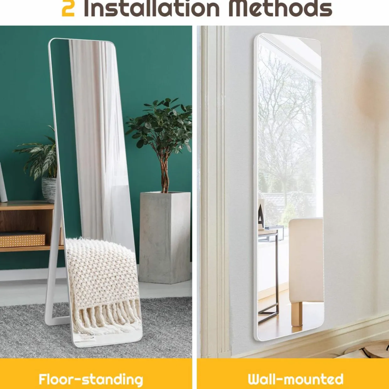 Tangkula Full Length Floor Mirror with Stand, Free Standing or Wall Mounted Mirror, Full Body Mirror with Solid Wood Frame
