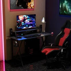 Tangkula Gaming Computer Desk with Monitor Shelf, Gaming Table Workstation with Cup Holder
