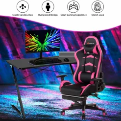 Tangkula Gaming Computer Desk, Z-Shaped Home Office Computer Table with LED Lights & Large Carbon Fiber Surface