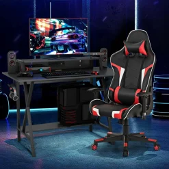 Tangkula Gaming Computer Desk with Monitor Shelf, Gaming Table Workstation with Cup Holder