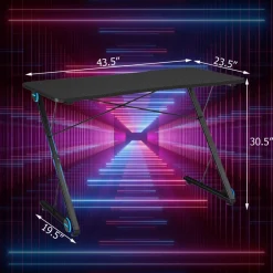 Tangkula Gaming Computer Desk, Z-Shaped Home Office Computer Table with LED Lights & Large Carbon Fiber Surface