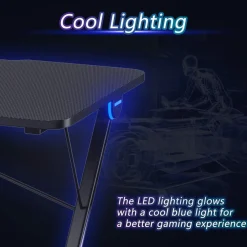 Tangkula Gaming Computer Desk, Z-Shaped Home Office Computer Table with LED Lights & Large Carbon Fiber Surface