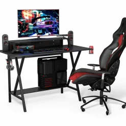 Tangkula Gaming Computer Desk with Monitor Shelf, Gaming Table Workstation with Cup Holder