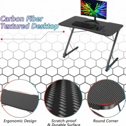 Tangkula Gaming Computer Desk, Z-Shaped Home Office Computer Table with LED Lights & Large Carbon Fiber Surface